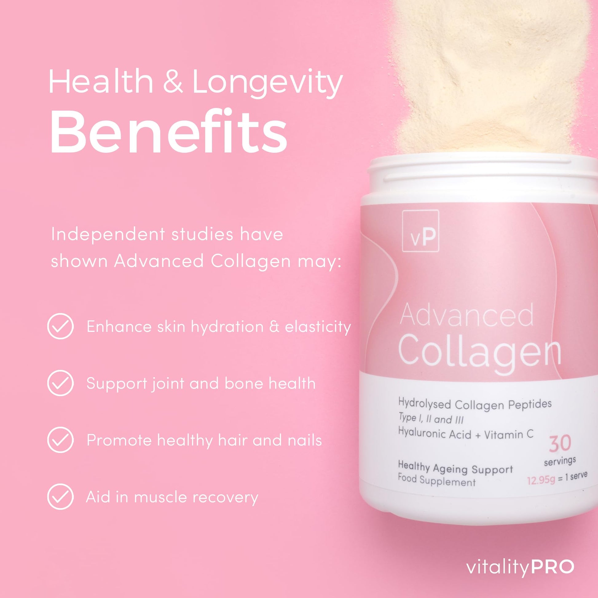 Advanced Collagen with Hyaluronic Acid - 12.95g x 30 Servings - Type 1 2 3 vP Vitality Pro