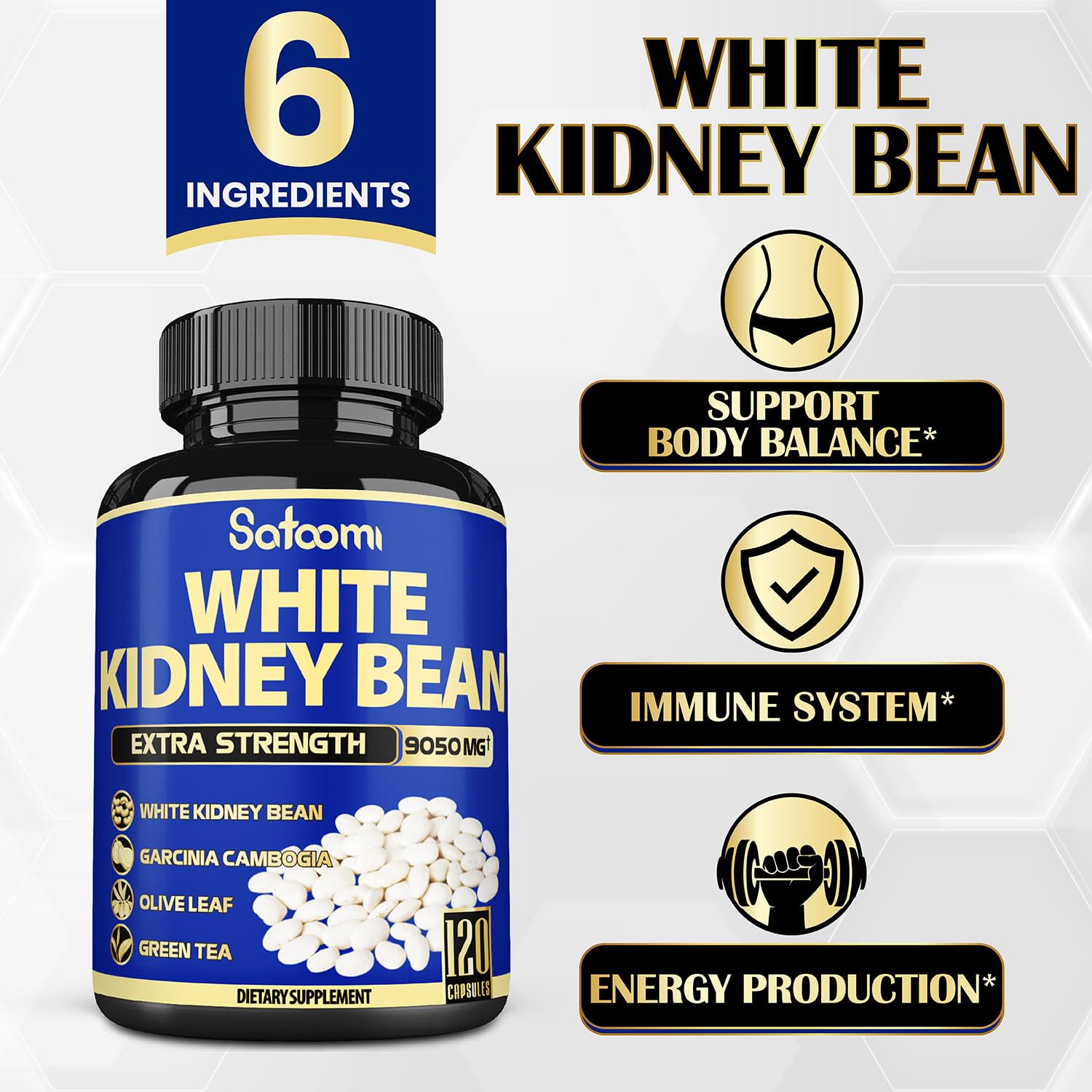 6in1 White Kidney Bean Extract Capsules 9050 Mg - with Garcinia Cambogia, Olive Leaf Satoomi