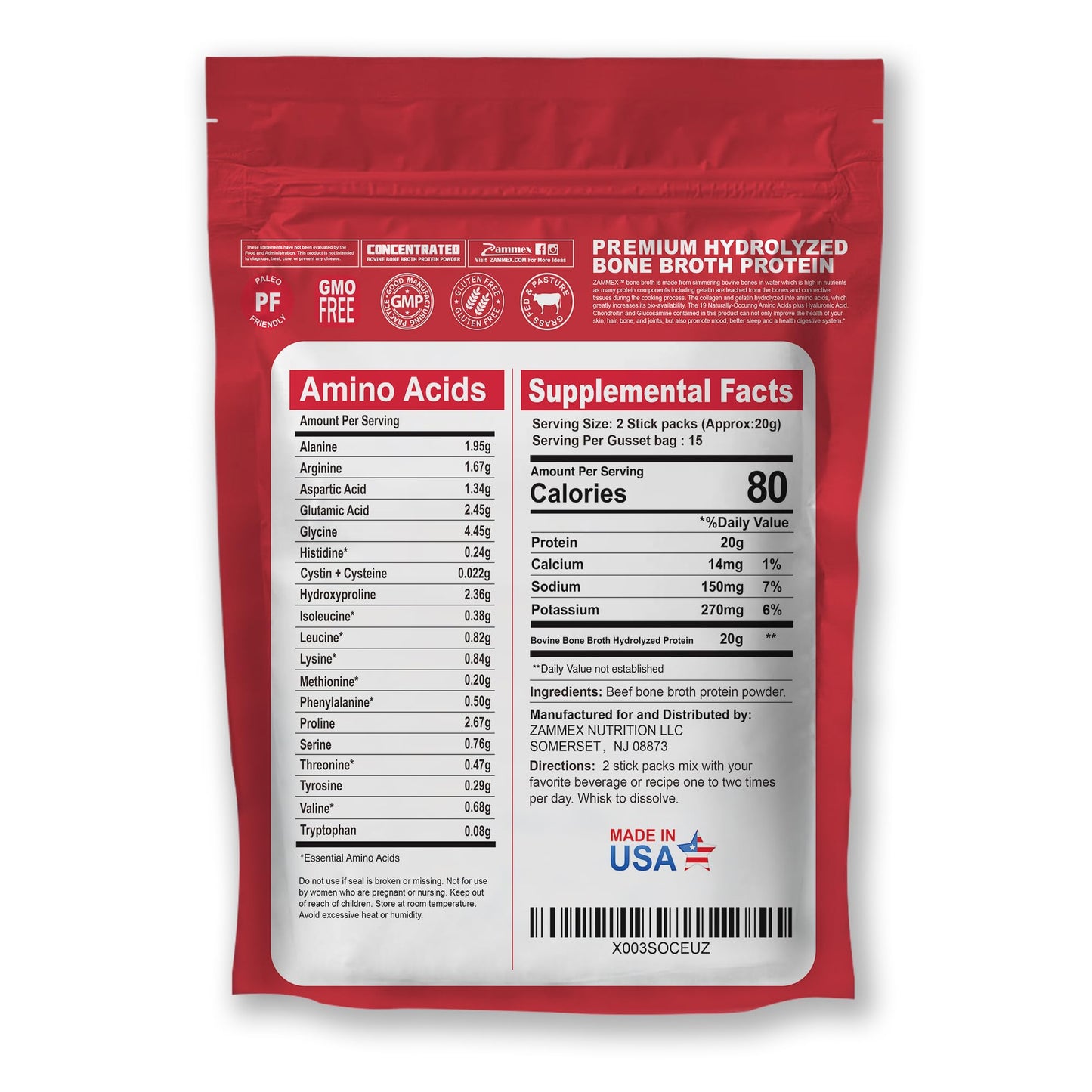 Zammex Bone Broth Packets-20g Collagen Protein-Beef Bone Broth Powder to Go-30 Travel Zammex