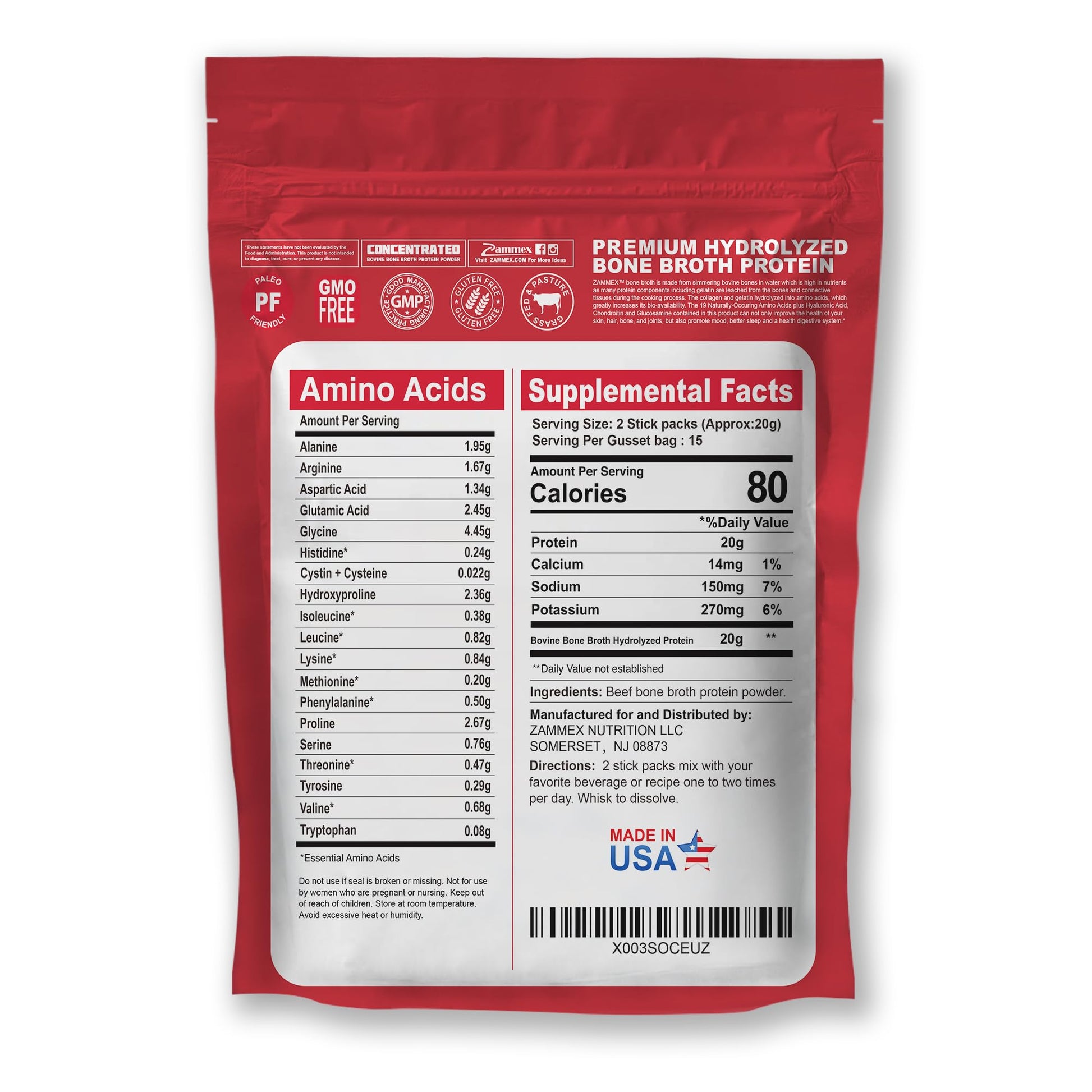 Zammex Bone Broth Packets-20g Collagen Protein-Beef Bone Broth Powder to Go-30 Travel Zammex