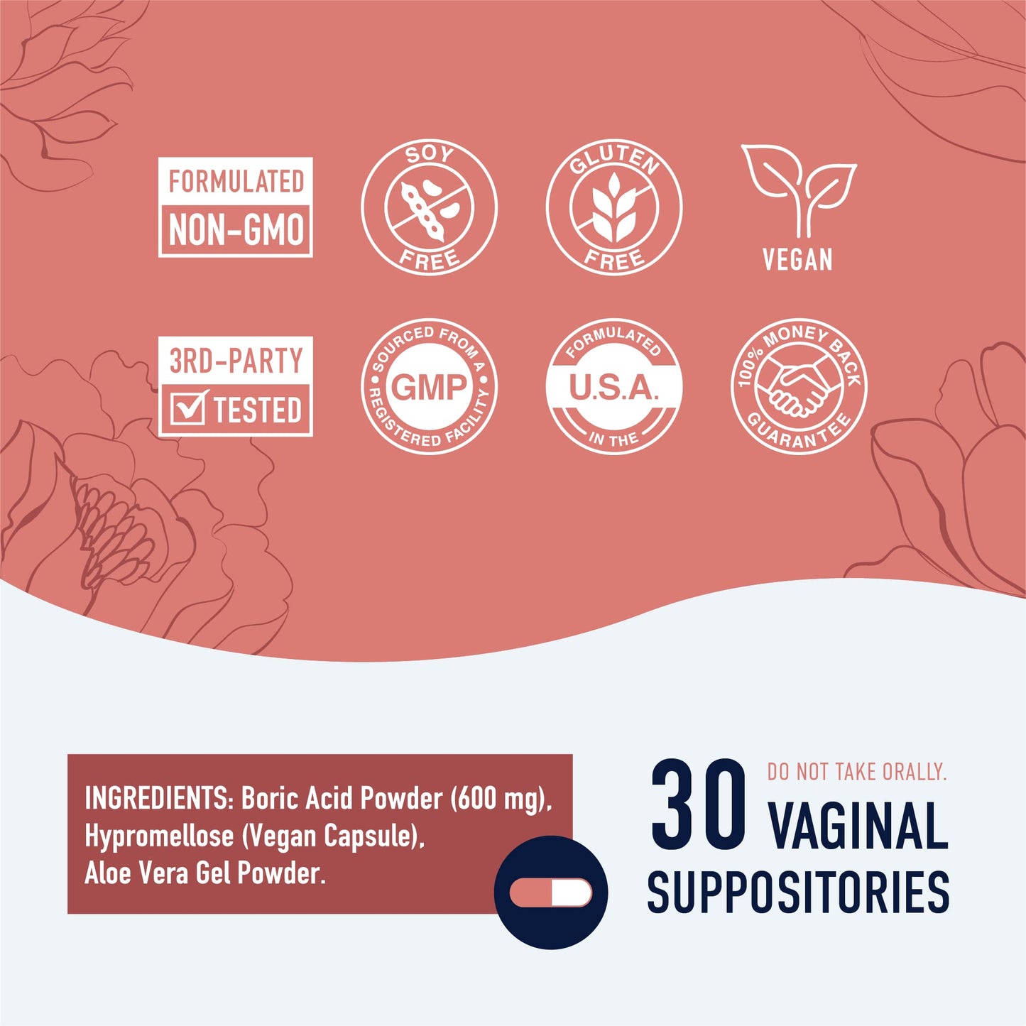 Boric Acid Suppositories for Women | 600mg | for pH Balance, Vaginal Odor & Itching | Feminine Intimate Health