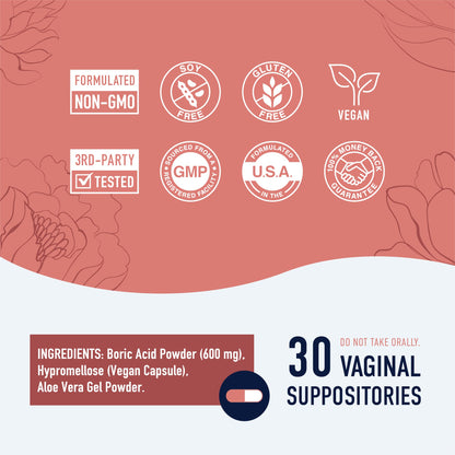 Boric Acid Suppositories for Women | 600mg | for pH Balance, Vaginal Odor & Itching | Feminine Intimate Health