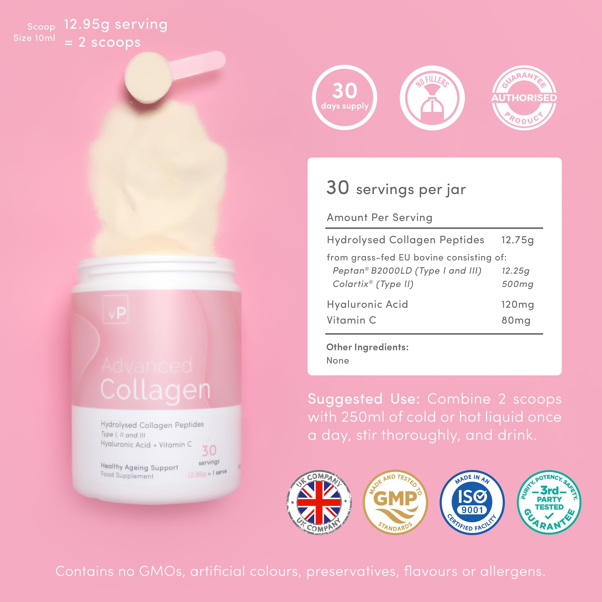 Advanced Collagen with Hyaluronic Acid - 12.95g x 30 Servings - Type 1 2 3 vP Vitality Pro