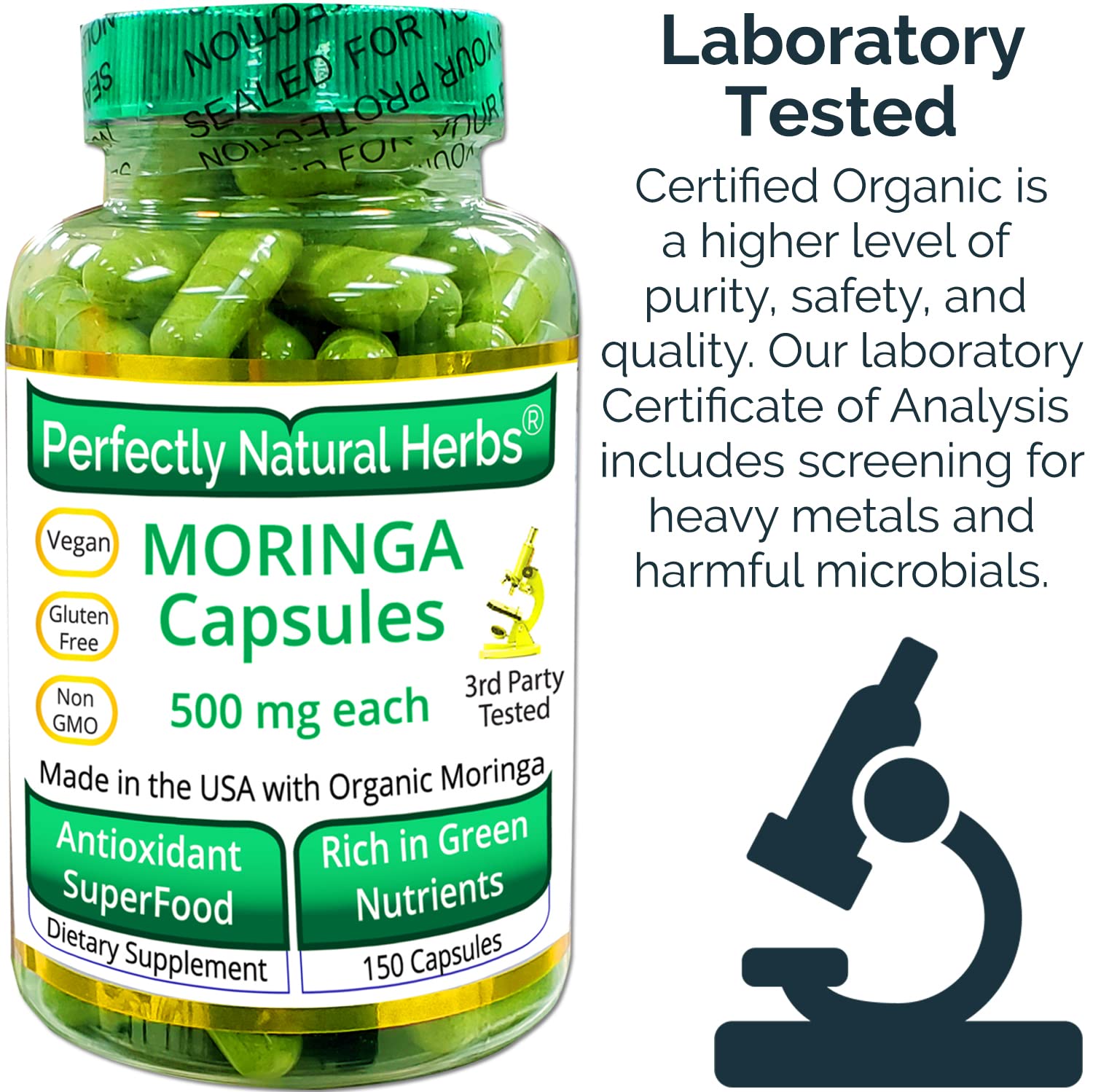 150 Moringa Capsules Made With USDA Certified Organic Moringa Leaf Powder Perfectly Natural Herbs
