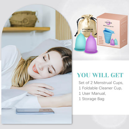 YTYOMUR Menstrual Cup Set, 2 Soft Period Cup Come with Collapsible Cleaner Cup