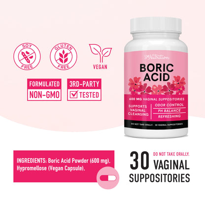 Boric Acid Suppositories for Women | 600mg | for pH Balance, Vaginal Odor & Itching | Feminine Hygiene