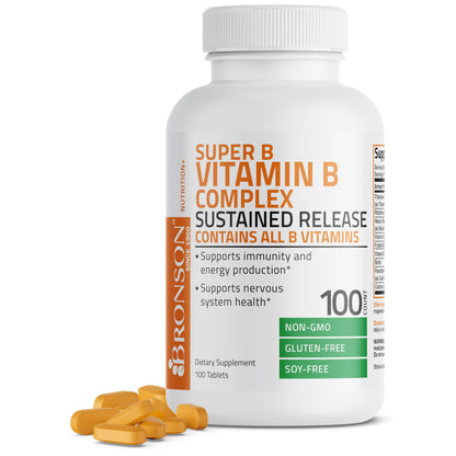 Bronson Super B Vitamin B Complex Sustained Slow Release Vitamin B1, B2, B3, B6, B9 Bronson