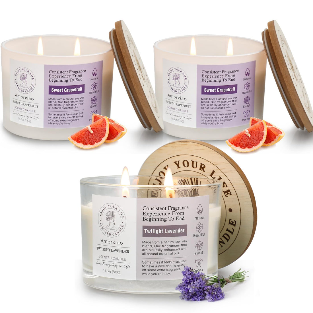 3 Pack Candles for Home Scented, 34.8 oz 240 Hour Long Lasting Candles Set, Grapefruit &Lavender 