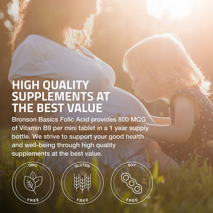 Bronson Folic Acid 800 MCG Supports Prenatal Development, 1 Year Supply, Non-GMO Bronson