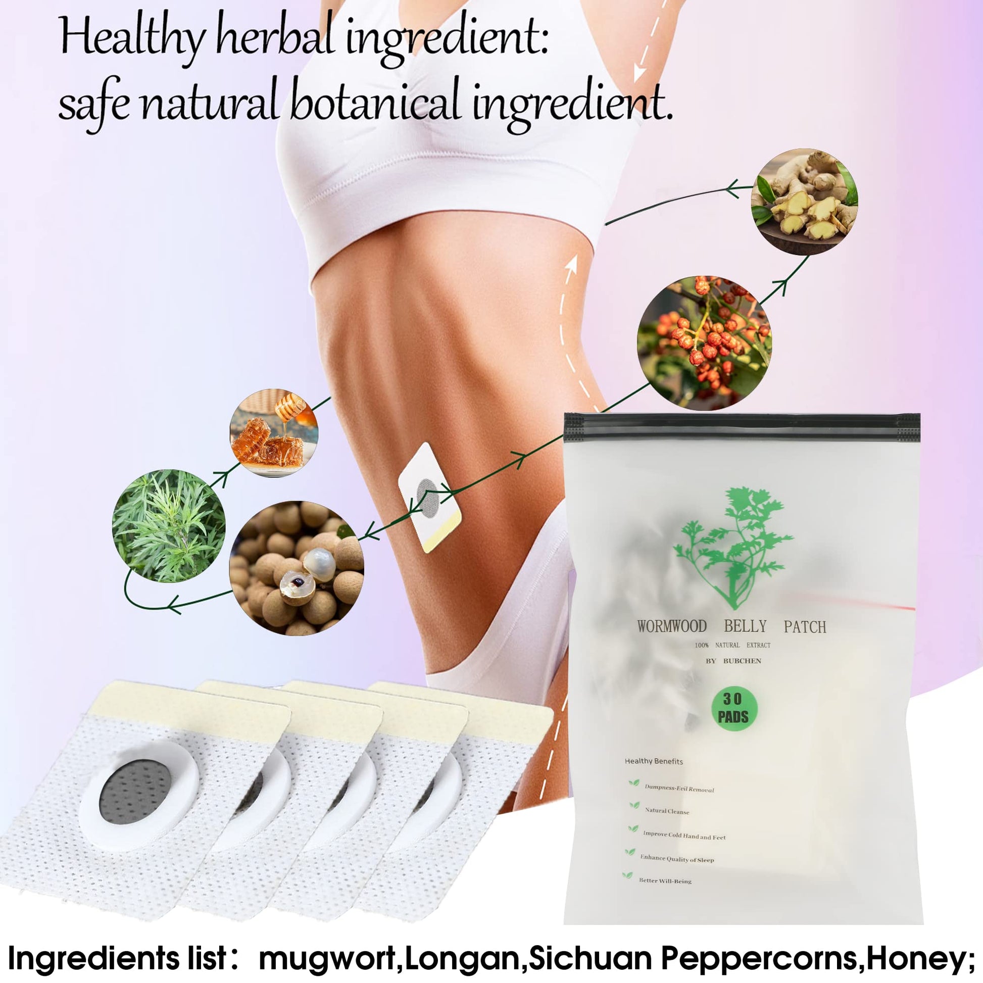 Bubchen Mugwort Belly Patch,30Pcs Natural Wormwood Essence and 30Pcs Belly Sticker BURWSEKK