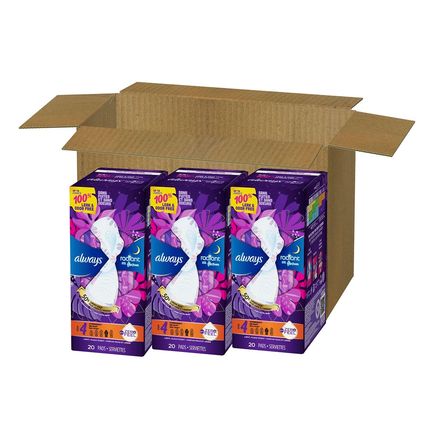 Always Radiant Feminine Pads for Women, Size 4 Overnight Pads Always