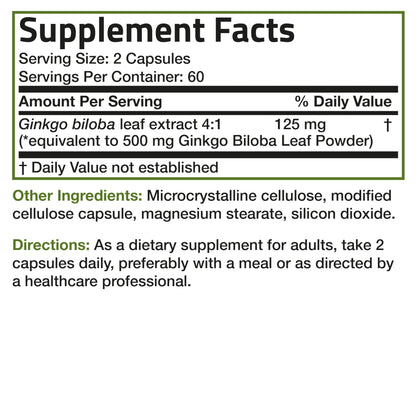 Bronson Ginkgo Biloba Extra Strength 125mg (4:1 Extract) Equivalent to 500mg Bronson