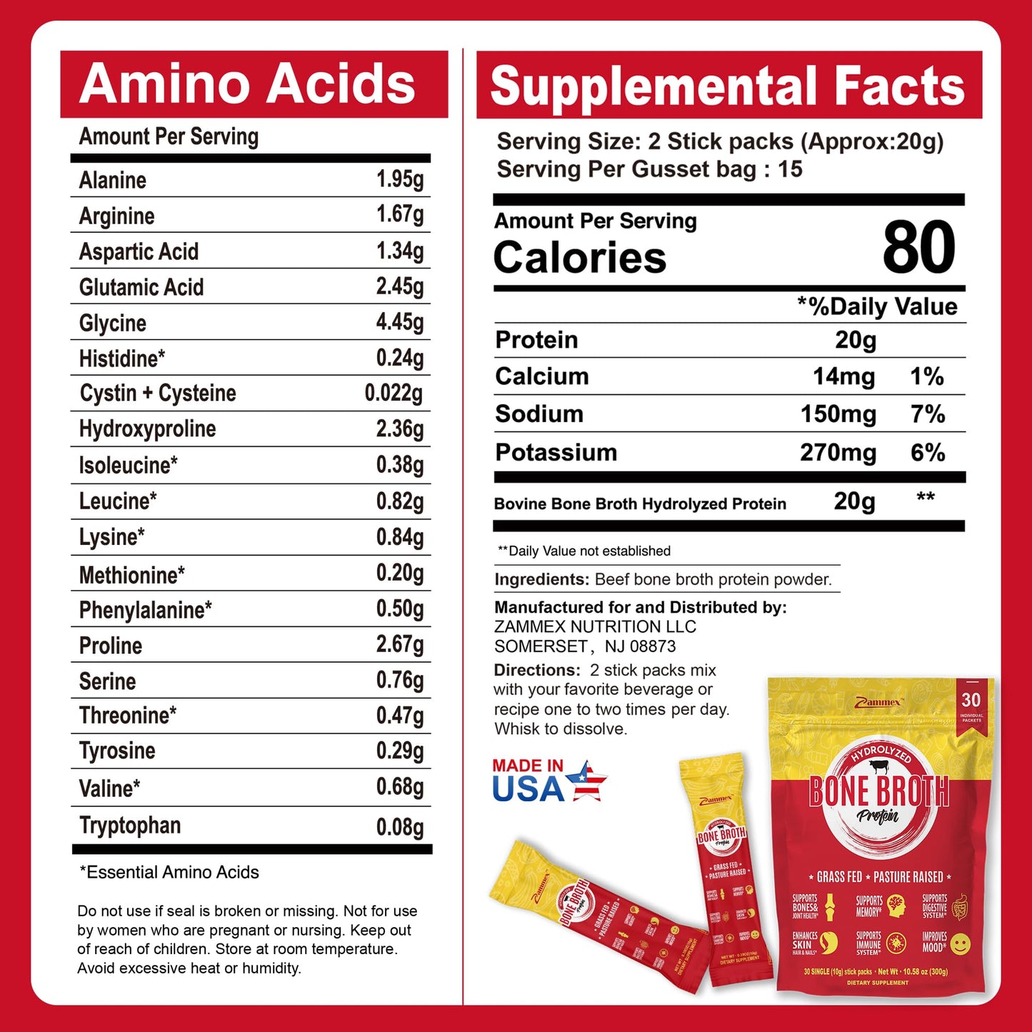 Zammex Bone Broth Packets-20g Collagen Protein-Beef Bone Broth Powder to Go-30 Travel Zammex