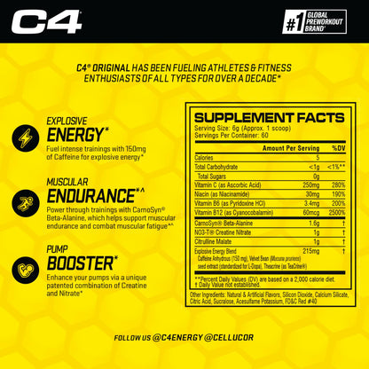 C4 Original Pre Workout Powder Fruit Punch - Vitamin C for Immune Support - Sugar Free