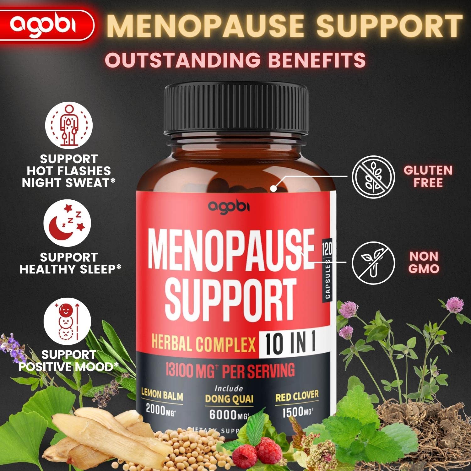 agobi Menopause Support for Women Health 13100 Mg - 10in1 with Dong Quai, Lemon Balm agobi