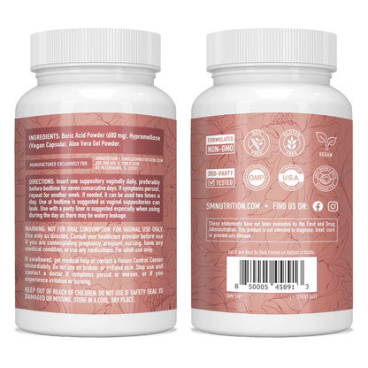 Boric Acid Suppositories for Women | 600mg | for pH Balance, Vaginal Odor & Itching | Feminine Intimate Health