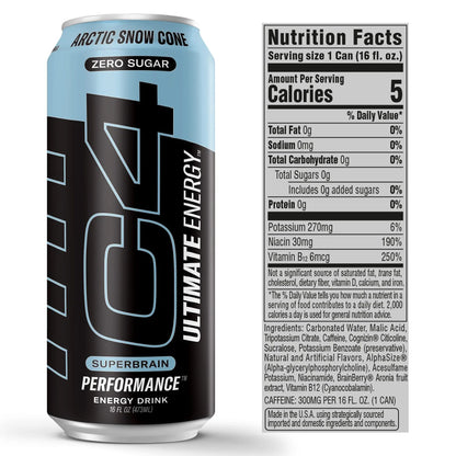 C4 Ultimate Sugar Free Energy Drink 16oz (Pack of 24) | Arctic Snow Cone | Pre Workout Performance Drink with No Artificial Colors or Dyes