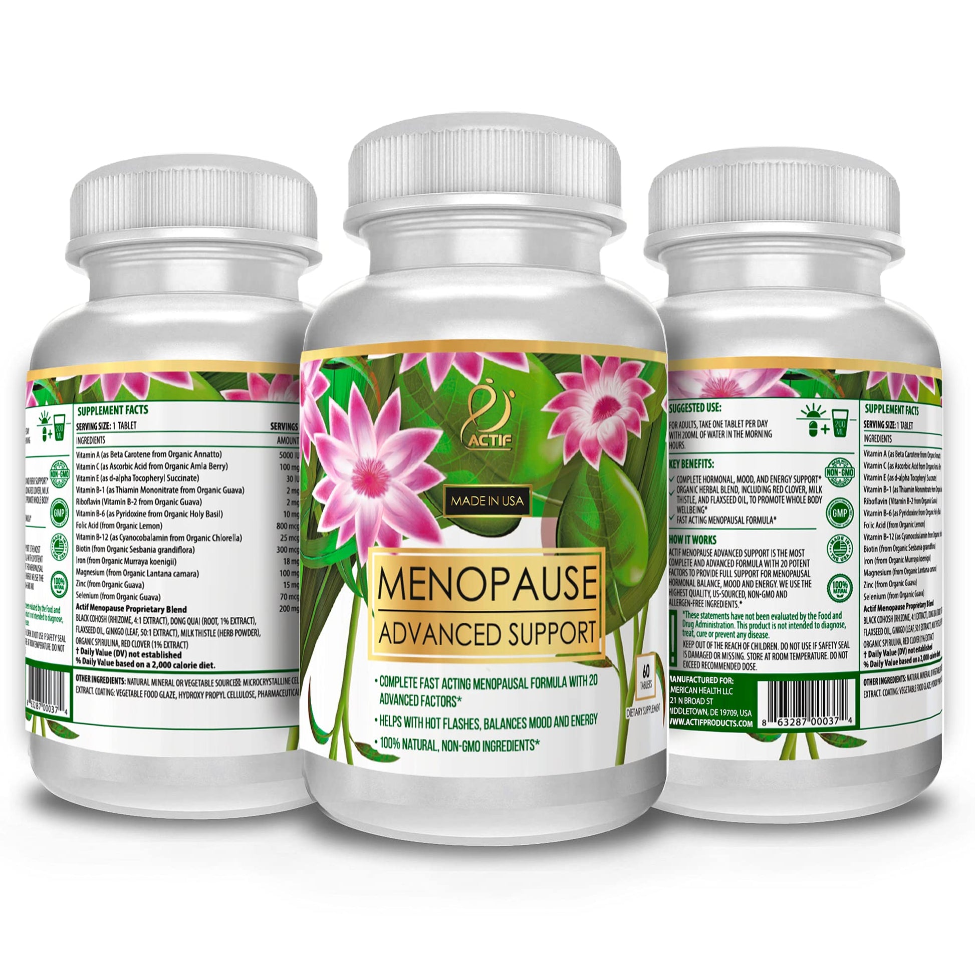 Actif Menopause Advanced Support with 20+ Organic Vitamins and Herbs - Relieves Hot Flashes, Night Sweats ACTIF