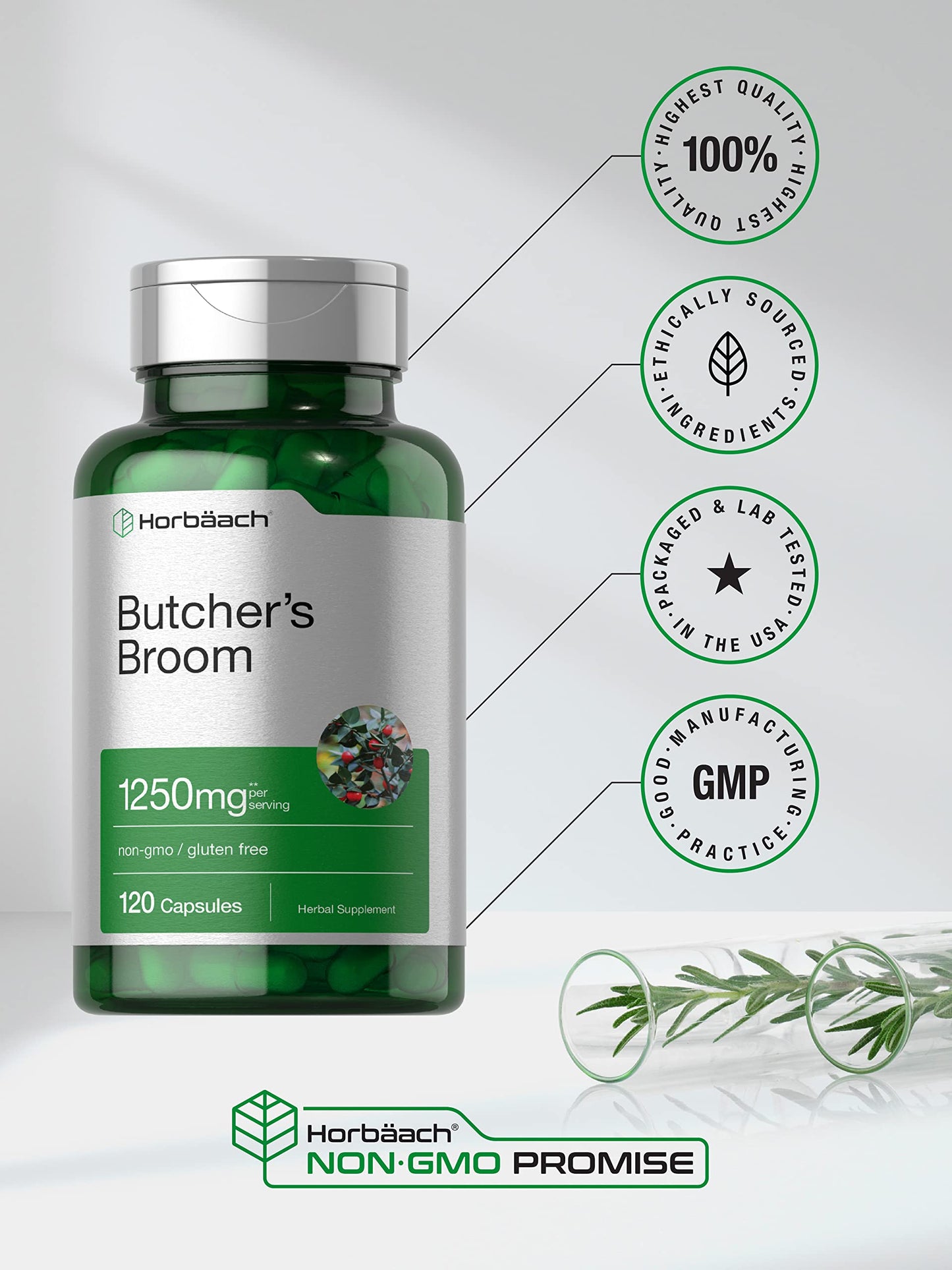 Butchers Broom Capsules 1250mg | 120 Count | Non-GMO, Gluten Free | Traditional Herb Horbäach