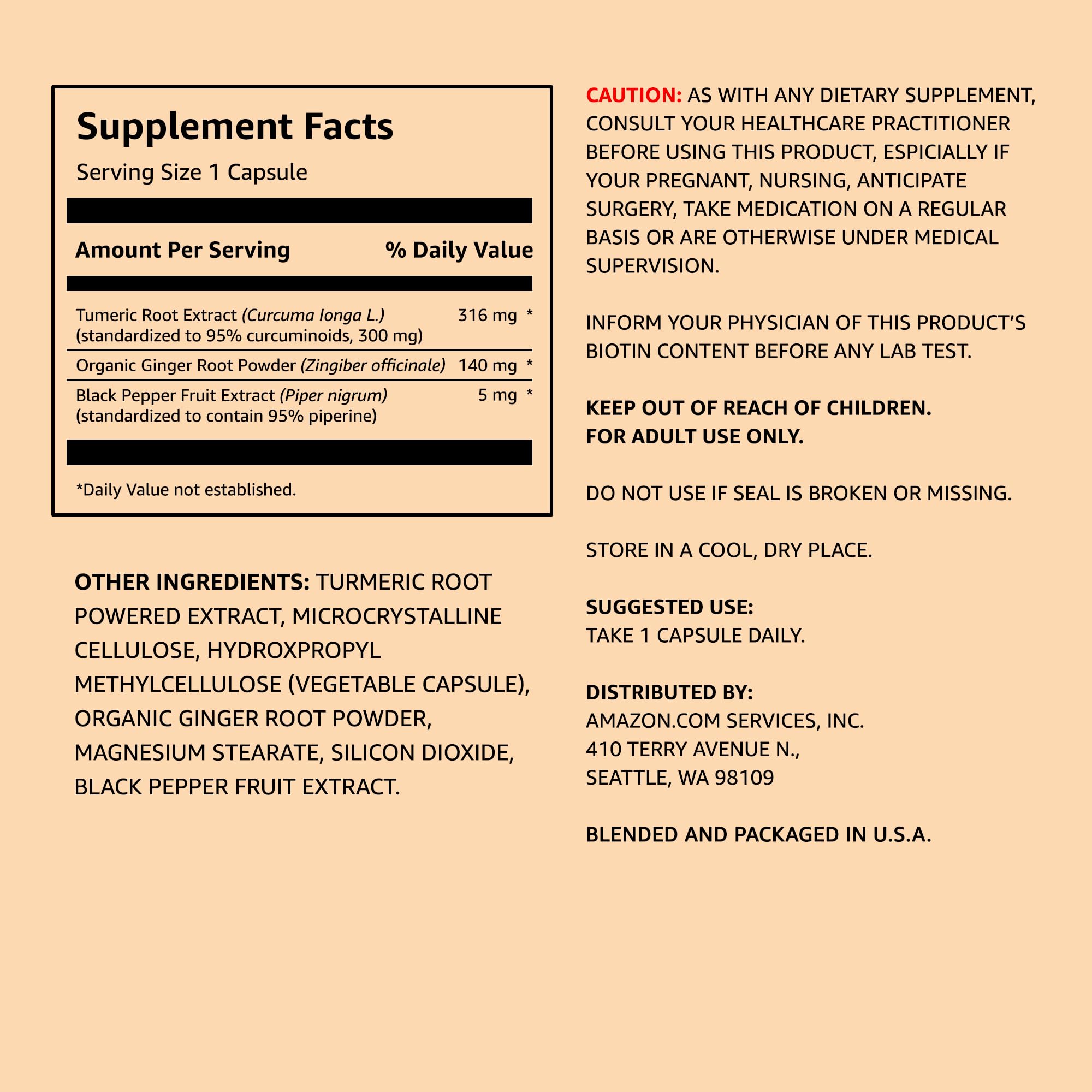 Amazon Elements Turmeric Complex, 316 mg Curcumin, 140 mg Ginger, 5 mg Black Amazon Elements