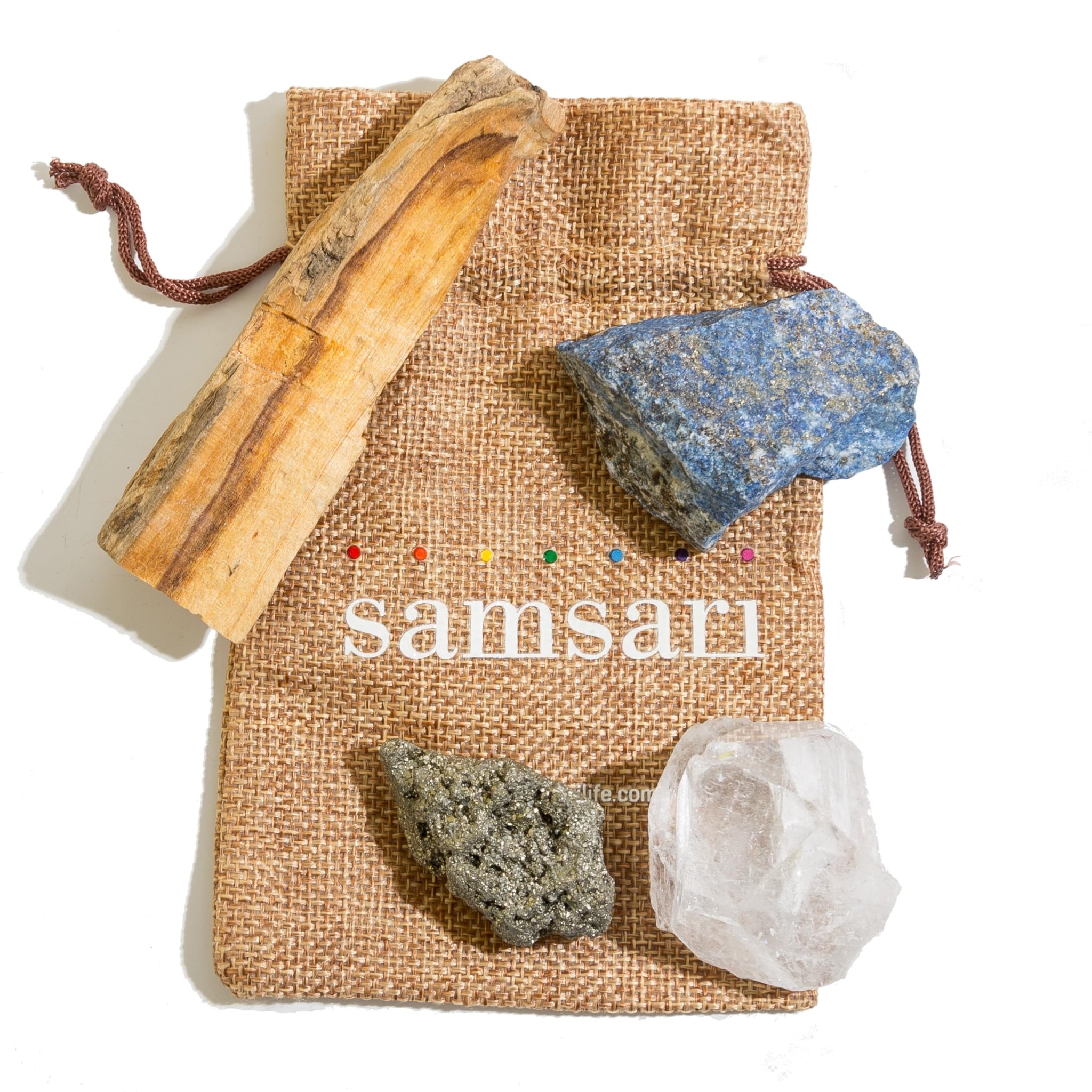 5PCS SAMSARI Abundance XL Crystals Healing Set - (Pyrite, Lapis Lazuli, Clear Quartz), 1 Palo Santo Stick