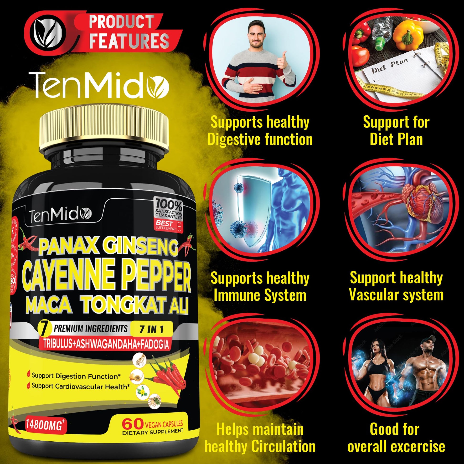 2 Packs 60 Caps 14800mg - Cayenne Pepper Supplements Extract Capsules - Tongkat Ali Tenmido
